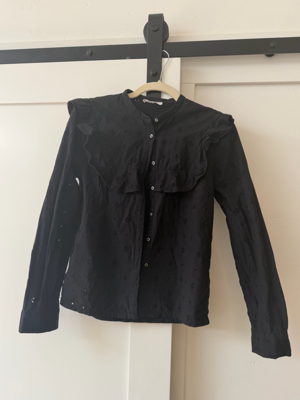 Doen Black Eyelet Ruffle Front Button-Up Top